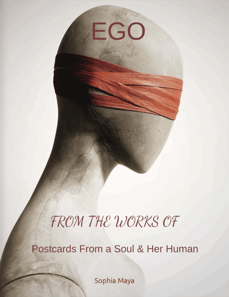 A blindfolded sculpture titled "EGO" symbolizes introspection and the human condition, accompanying works by Sophia Maya.