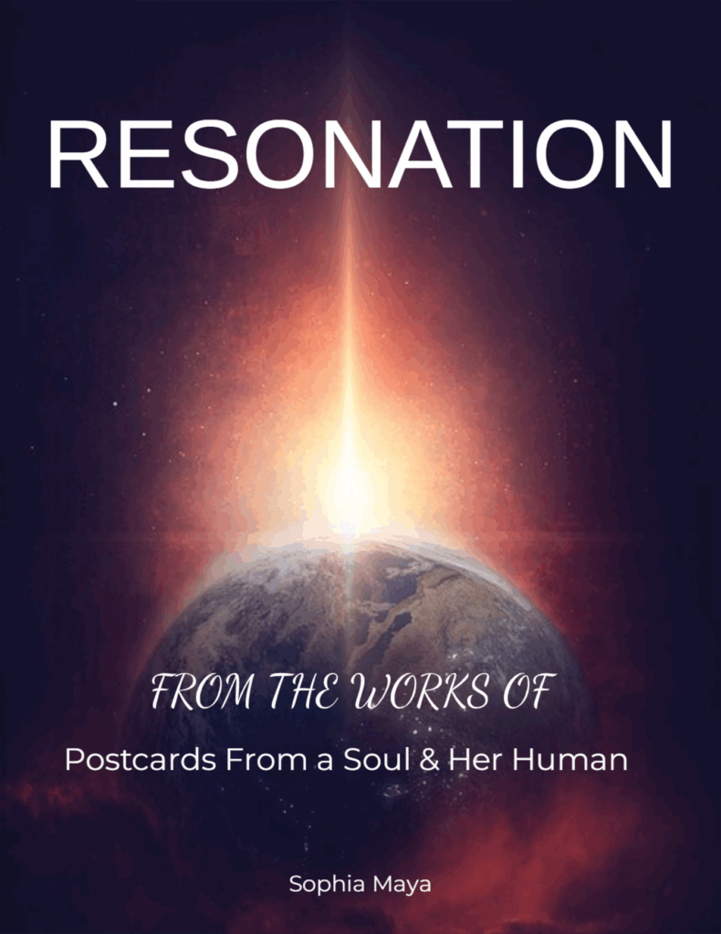 Book cover titled "Resonation" by Sophia Maya, featuring a cosmic background with Earth and an orange glow emanating from the center.