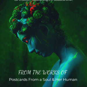 A woman with vibrant, floral adornments on her head gazes downward, her body painted in blue and green, symbolizing themes of goddess resurrection and creativity.