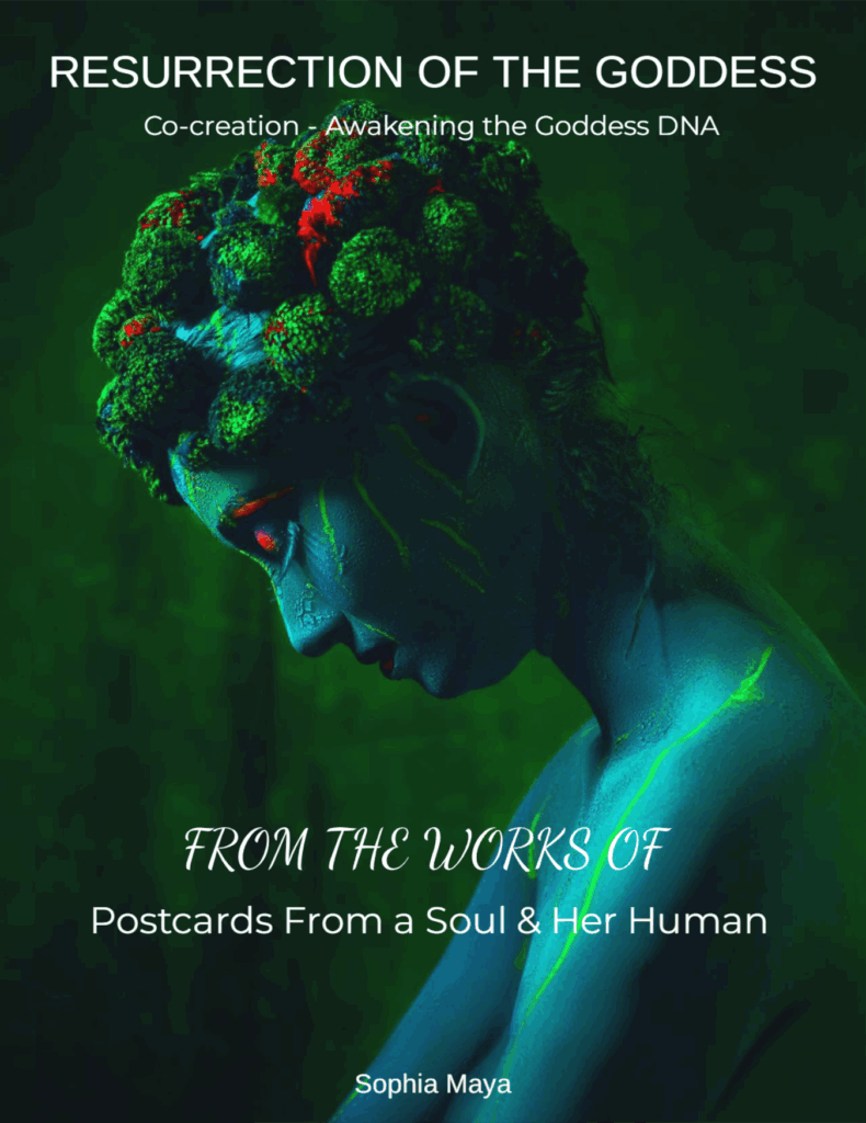 A woman with vibrant, floral adornments on her head gazes downward, her body painted in blue and green, symbolizing themes of goddess resurrection and creativity.