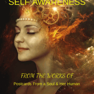 Woman with closed eyes and serene expression, surrounded by fiery elements and gears, symbolizes self-awareness and reflection in "Postcards From a Soul."