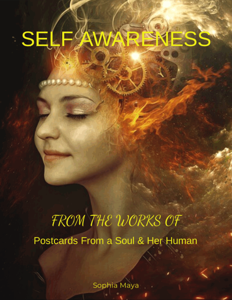 Woman with closed eyes and serene expression, surrounded by fiery elements and gears, symbolizes self-awareness and reflection in "Postcards From a Soul."