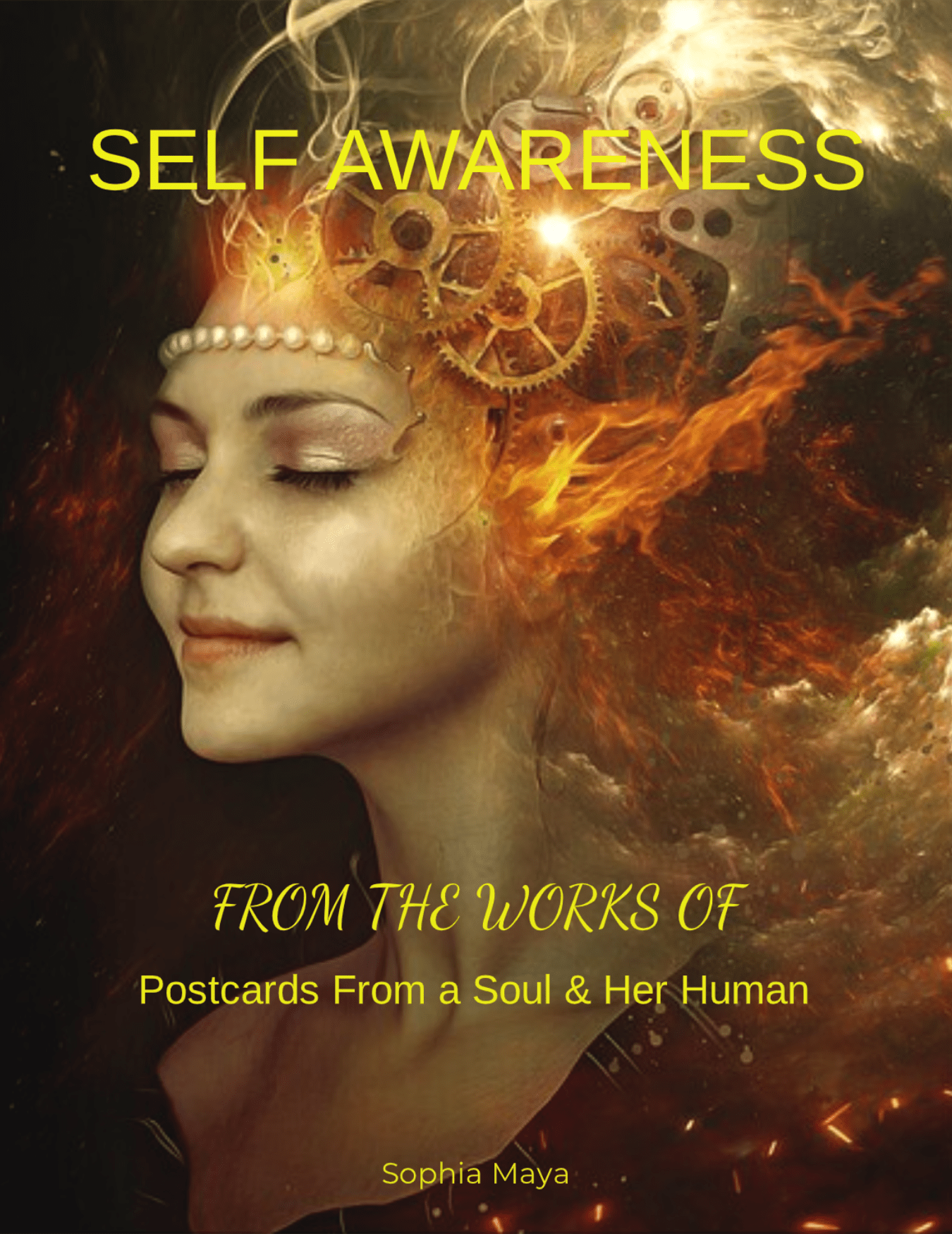 Woman with closed eyes and serene expression, surrounded by fiery elements and gears, symbolizes self-awareness and reflection in "Postcards From a Soul."