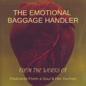 A red anatomical heart is submerged in yellow-tinted fluid, with the title "The Emotional Baggage Handler" prominently displayed above.