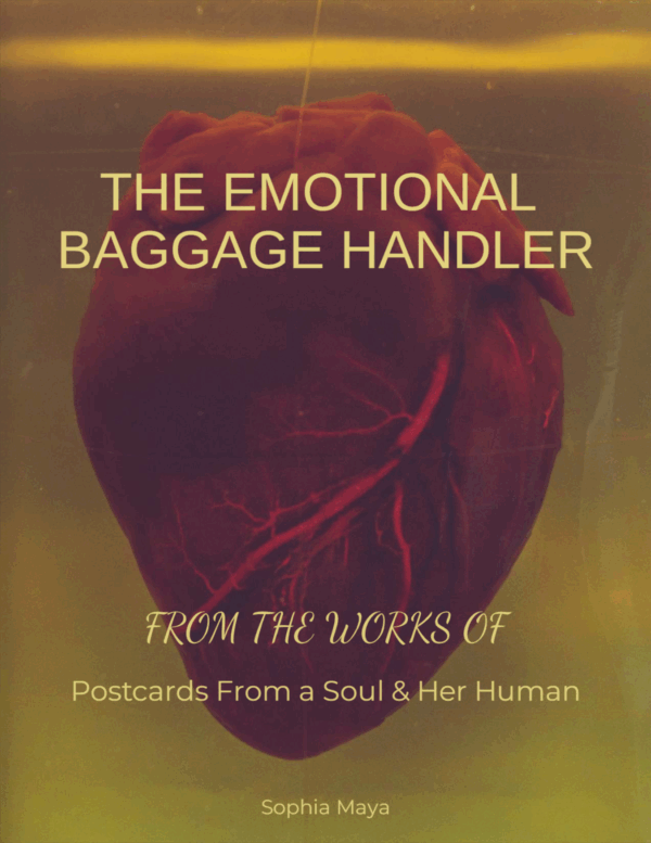 A red anatomical heart is submerged in yellow-tinted fluid, with the title "The Emotional Baggage Handler" prominently displayed above.