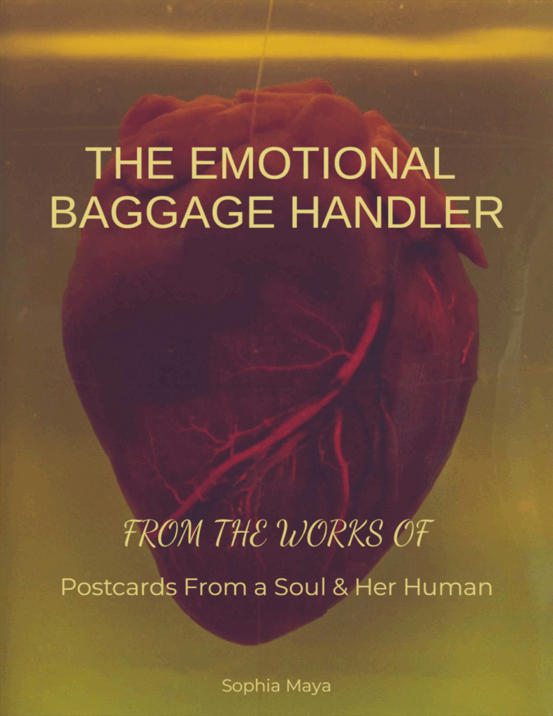 A red anatomical heart is submerged in yellow-tinted fluid, with the title "The Emotional Baggage Handler" prominently displayed above.