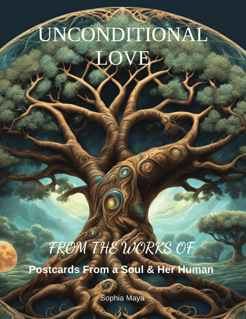 A mystical tree with intricate roots and branches symbolizes unconditional love. Title overlay: "Unconditional Love" by Sophia Maya.