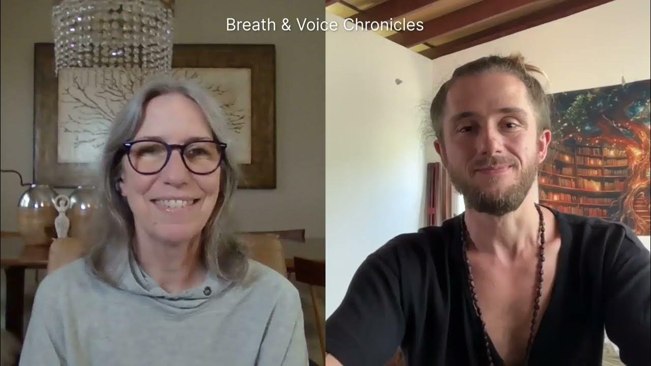 Two people, a woman and a man, are engaged in a virtual conversation for "Breath & Voice Chronicles." The setting features warm decor, suggesting a relaxed atmosphere.
