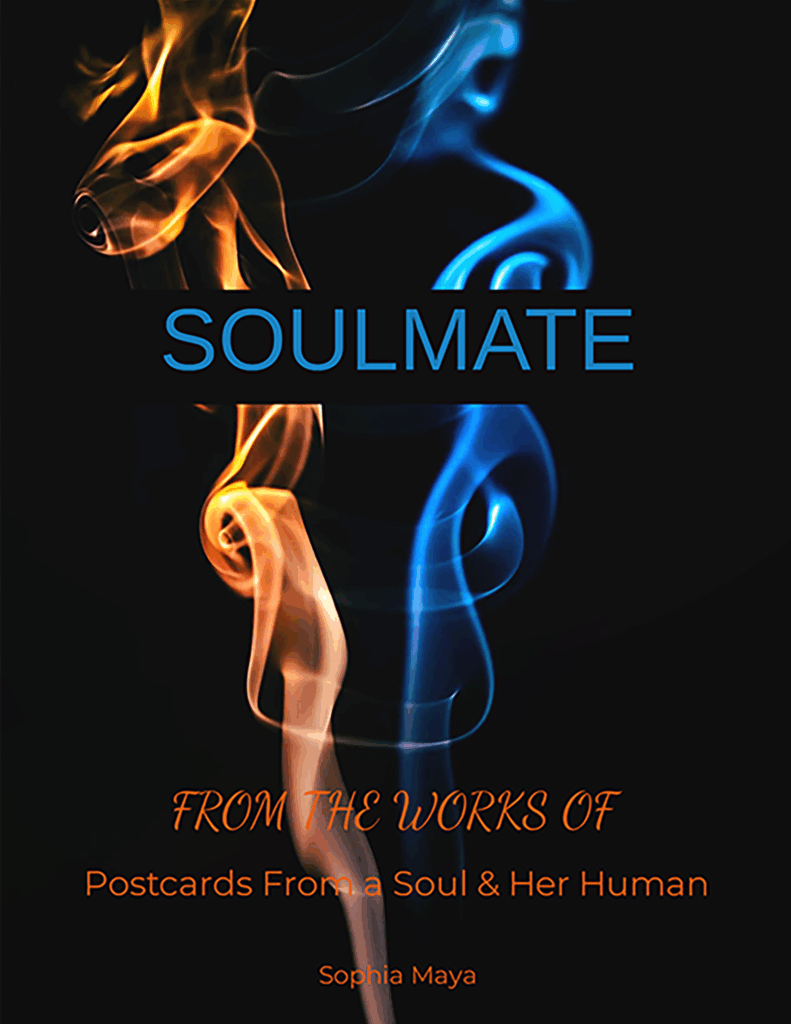 Book cover of "Soulmate" by Sophia Maya, featuring blue and orange smoke on a black background, symbolizing connection and duality in relationships.